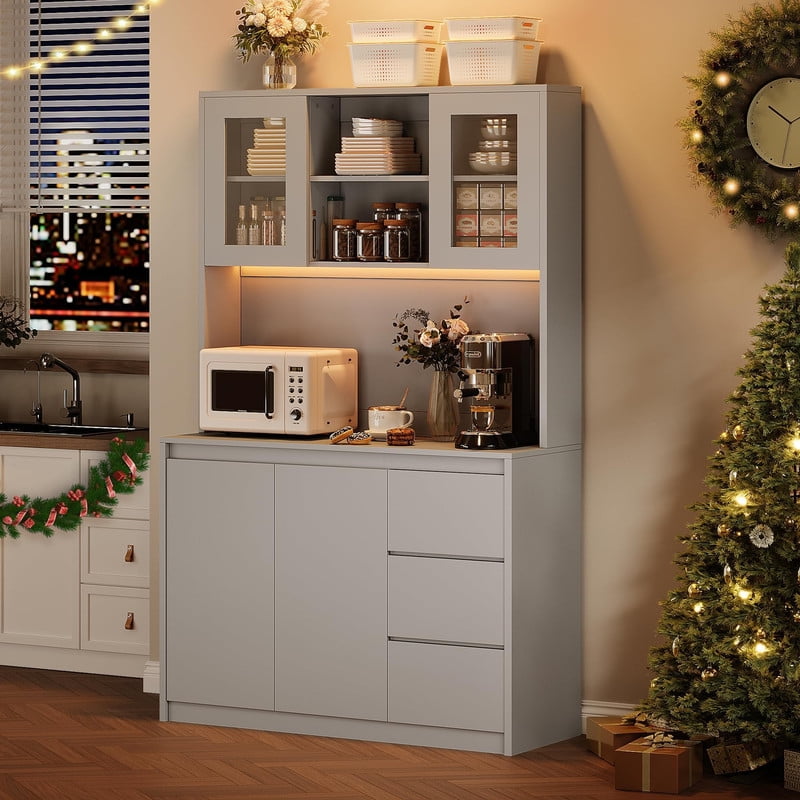 TROPOW Pantry Cabinet with Adjustable Shelf, Food Pantry with 4 Doors & 3 Drawers, Kitchen Pantry Cabinet with Built-in Power Hub for Dining Room