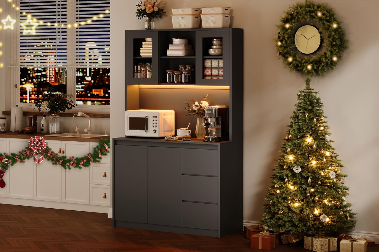 TROPOW Pantry Cabinet with Adjustable Shelf, Food Pantry with 4 Doors & 3 Drawers, Kitchen Pantry Cabinet with Built-in Power Hub for Dining Room