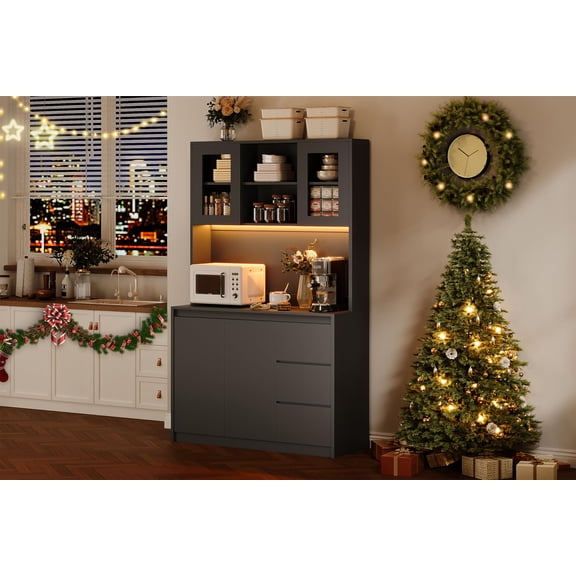 TROPOW Pantry Cabinet with Adjustable Shelf, Food Pantry with 4 Doors & 3 Drawers, Kitchen Pantry Cabinet with Built-in Power Hub for Dining Room