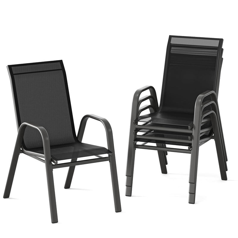 TROPOW Patio Chairs Set of 4, Outdoor Stackable Dining Chairs with Textilene Fabric, All-Weather Deck Stacking Chairs with High Back for Backyard Poolside Garden Balcony, Black
