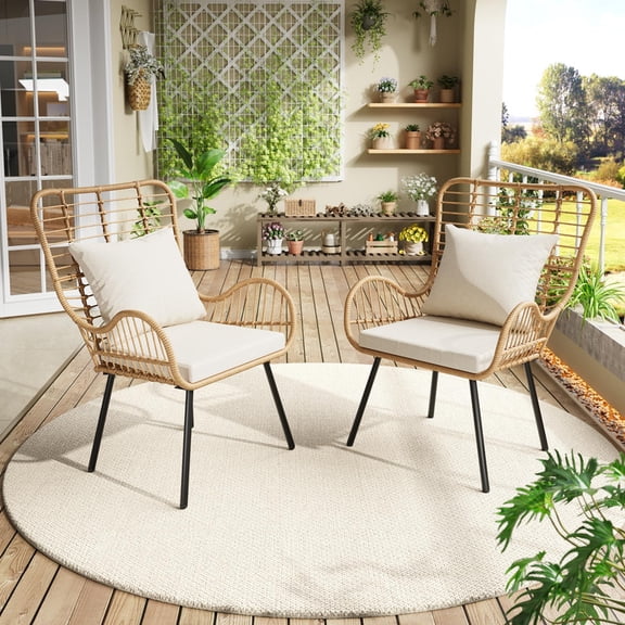 TROPOW Patio Wicker Chairs Set of 2 - Outdoor/Indoor Boho Rattan Chair with Thick Cushions & Pillows, 330lb Weight Capacity, All Weather Wicker Rattan Chairs for Patio, Poolside, Living Room
