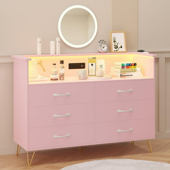 TROPOW Pink Dresser for Bedroom with LED Light & Power Outet, 6 Drawers Wooden Dressers with 2-Tier Open Space, Modern Chest of Double Wide Drawers for Living Room, Entryway, Hallway TV Stand