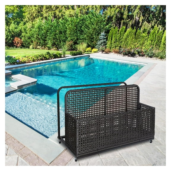TROPOW Pool Float Storage PE Rattan Poolside Float Storage with Wheels & Side Shelves, Elevated Design for Dryness, for Patios, Gardens and Balconies, Black