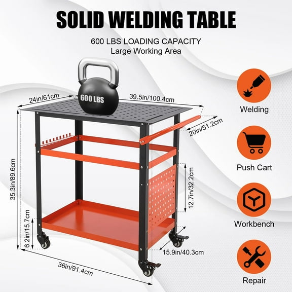 TROPOW Portable Welding Table with Wheels, 36''X 24" Welding Table, Rolling Welding Table with 5/8-Inch Fixture Holes & Double-Layer Storage Board, 600lb Load Capacity Steel Welding Workbench,Orange