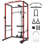 TROPOW Power Cage with LAT Pulldown, Multi-Functional Power Rack with Cable Pulley System and J-Hooks, Squat Rack with Dip Bars and Landmine Attachment, Weight Cage for Home Gym Equipment,Red