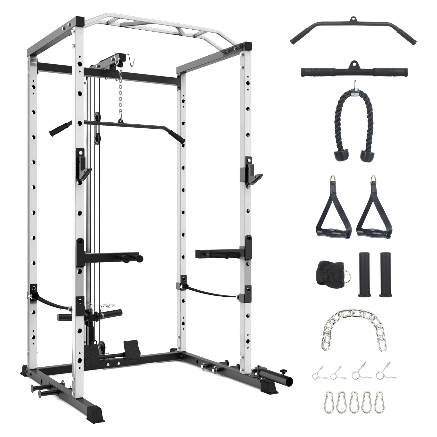 TROPOW Power Cage with LAT Pulldown, Multi-Functional Power Rack with Cable Pulley System and J-Hooks, Squat Rack with Dip Bars and Landmine Attachment, Weight Cage for Home Gym Equipment,White