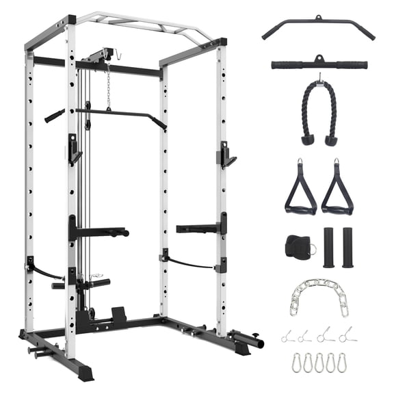 TROPOW Power Cage with LAT Pulldown, Multi-Functional Power Rack with Cable Pulley System and J-Hooks, Squat Rack with Dip Bars and Landmine Attachment, Weight Cage for Home Gym Equipment,White