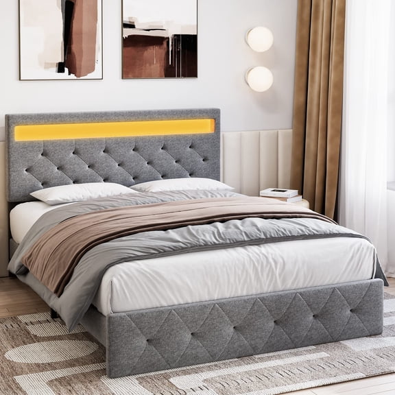 TROPOW Queen Bed Frame,Platform Bed with USB Port and LED Light Headboard Wood Slat Support Bed Frame with Adjustable Height Headboard-Gray