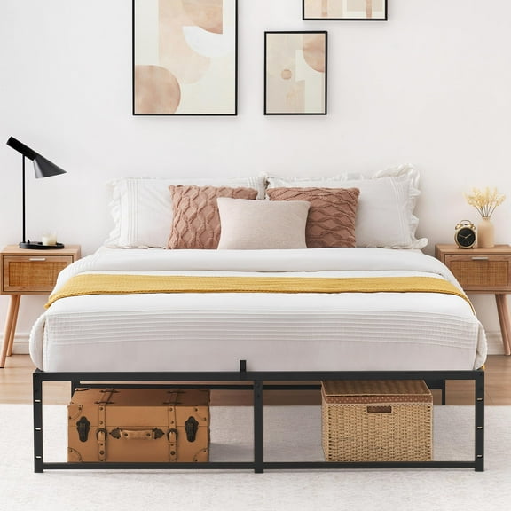 TROPOW Queen Bed Frame,Ultra Sturdy Metal Bed Frame with 3 in 1 Steel Support, 14 inch No Box Spring Needed Easy to Assemble Black Mattress Frame