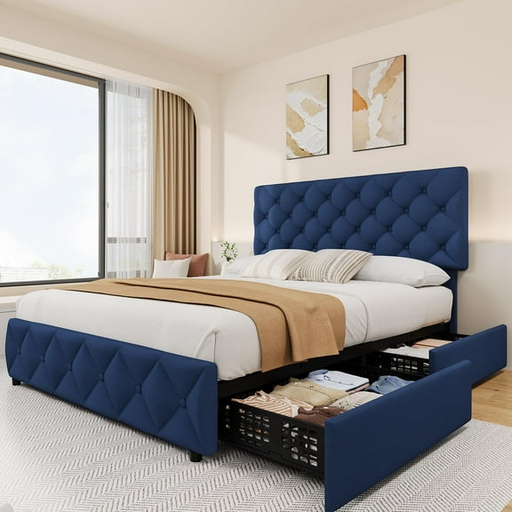 TROPOW Queen Bed Frame,with 4 Storage Drawers and Adjustable Headboard, Linen Upholstered Platform Bed Frame, Diamond Stitched Button Tufted, No Box Spring Needed,Blue
