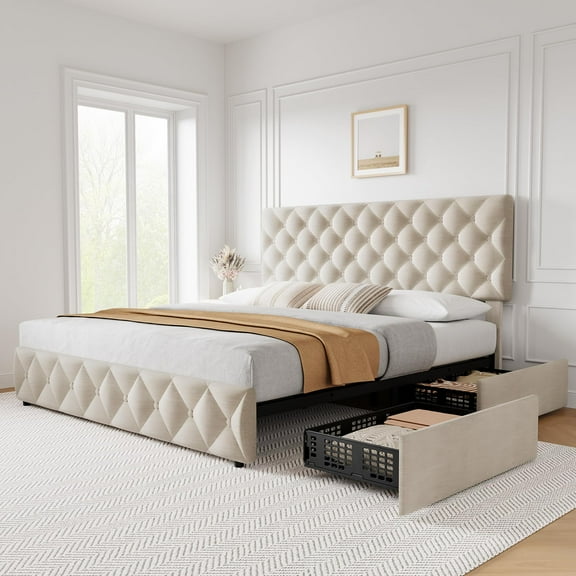TROPOW Queen Bed Frame,with 4 Storage Drawers and Adjustable Headboard, Linen Upholstered Platform Bed Frame, Diamond Stitched Button Tufted, No Box Spring Needed,Off White