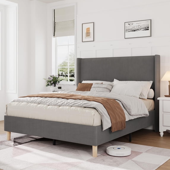 TROPOW Queen Bed Frame,with 50.4" Tall Wingback Headboard, Corduroy Upholstered Platform Bed Frame, Wooden Slats, No Box Spring Needed, Noise Free, Grey