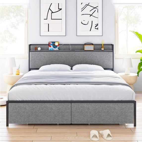 TROPOW Queen Bed Frame,with Charging Station and 2 Storage Drawer, Upholstered Platform Bed with Headboard, USB Port & Outlets, No Box Spring Needed Storage Bed, Noise Free, Easy Assemble, Grey