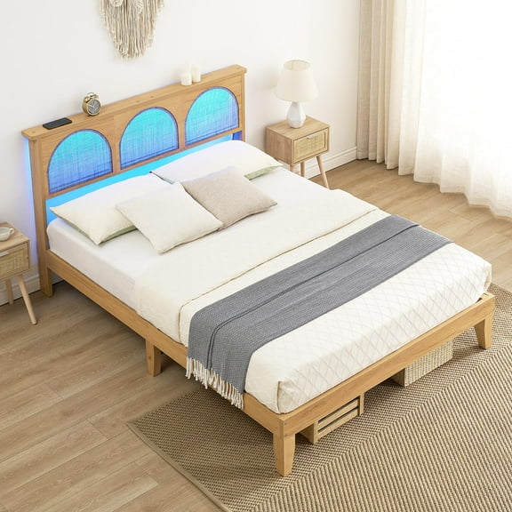 TROPOW Queen Bed Frame,with Headboard, Natural Bed Frames with LED Lights and Storage Headboard, Solid Wood Legs, Noise Free, No Box Spring Needed, Easy Assembly for a Comfortable Sleep