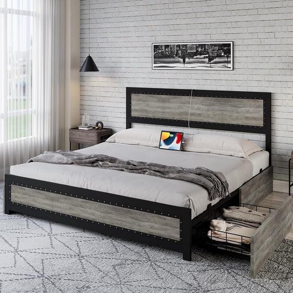 TROPOW Queen Bed Frame,with Headboard, Platform Metal Bed Frame with 4 Storage Drawers and Charge Station, Strong Metal Slats Support, No Box Spring Needed, Noise-Free Design, Washed Grey