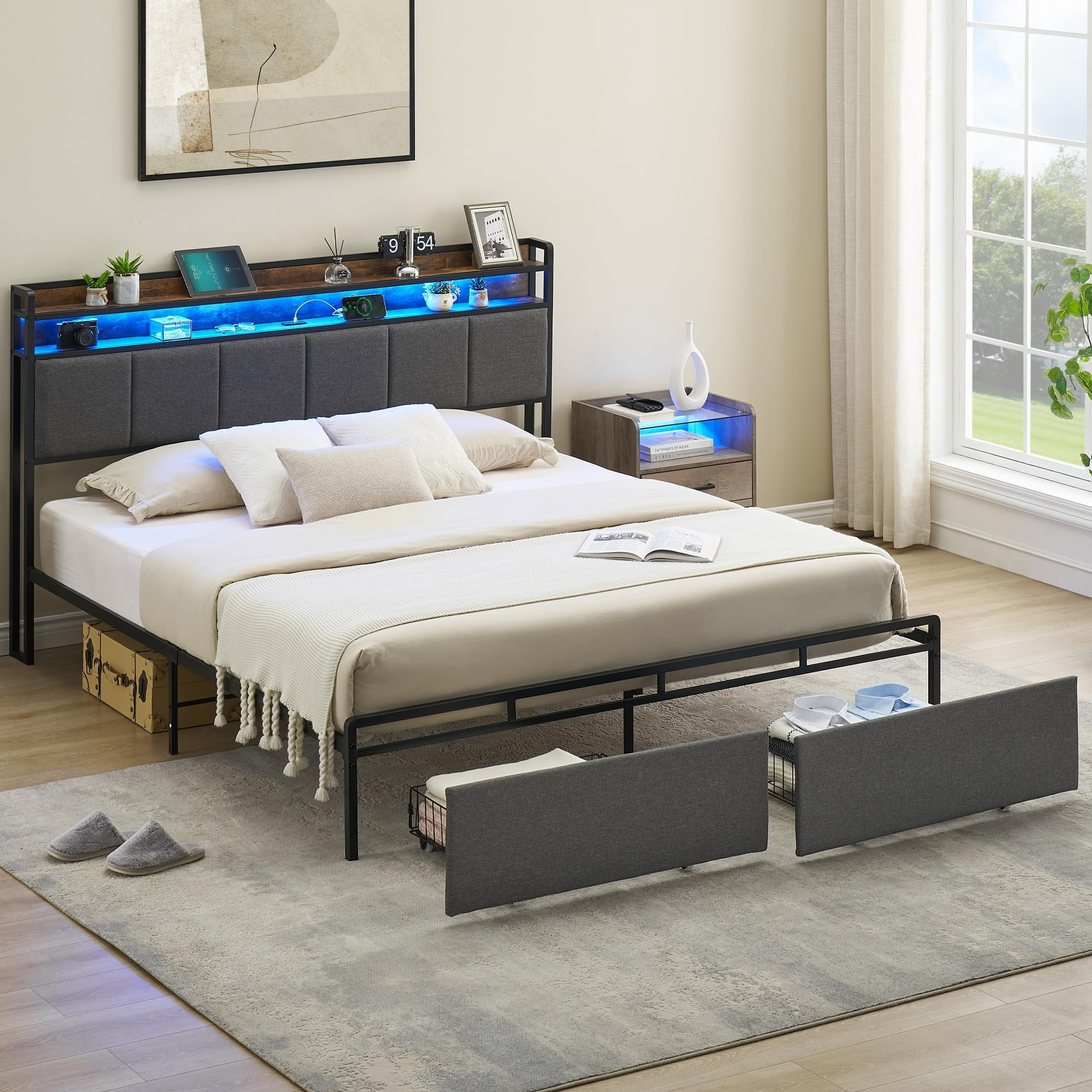 VASAGLE Twin LED Bed Frame, Adjustable Upholstered Headboard