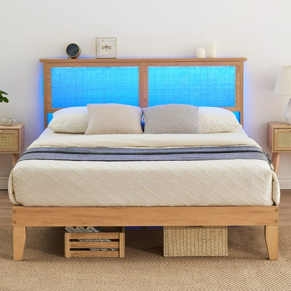 TROPOW Queen Bed Frame,with Natural Rattan Headboard, Platform Bed Frame Queen Size with Storage Headboard, Mattress Foundation, Noise-Free, No Box Spring Needed