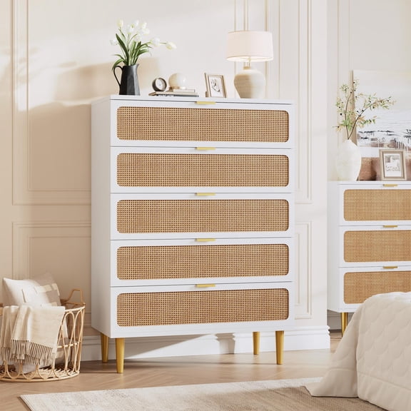 TROPOW Rattan Dresser with 5 Drawers, Tall Modern Closet with Deep Storage, Large Chest of Drawers with Wide Top, Long Wooden Dresser for Bedroom, Living Room, Hallway, Kids Room