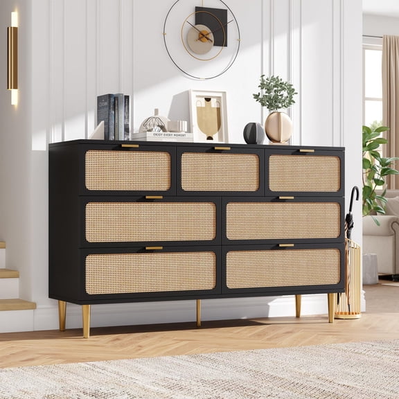 TROPOW Rattan Dresser with 7 Drawers, Tall Modern Closet with Deep Storage, Large Chest of Drawers with Wide Top, Long Wooden Dresser for Bedroom, Living Room, Hallway, Kids Room