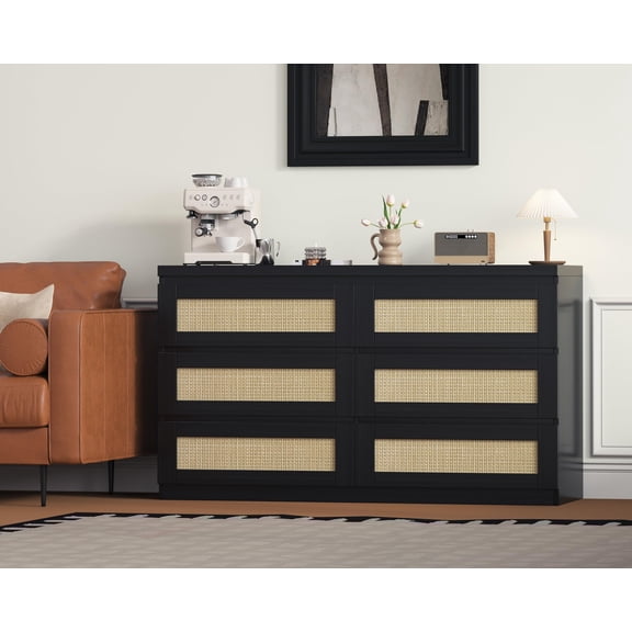 TROPOW Rattan Dresser for Bedroom with 6 Drawers, 63 in Modern Farmhouse Wide Chest of Drawers, Wood Storage Cabinet Organizer for Closet, Living Room, Hallway