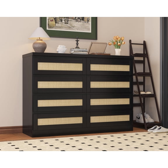 TROPOW Rattan Dresser for Bedroom with 8 Drawers, 63 in Modern Farmhouse Wide Chest of Drawers, Wood Storage Cabinet Organizer for Closet, Living Room, Hallway