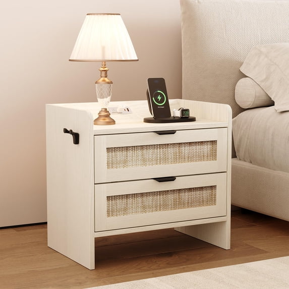 TROPOW Rattan Nightstand, Bedside Table, Modern Night Stand with Type-C Charging Station, 2 Drawer Storage Space, with Hook Included, Suitable for Bedroom, Office