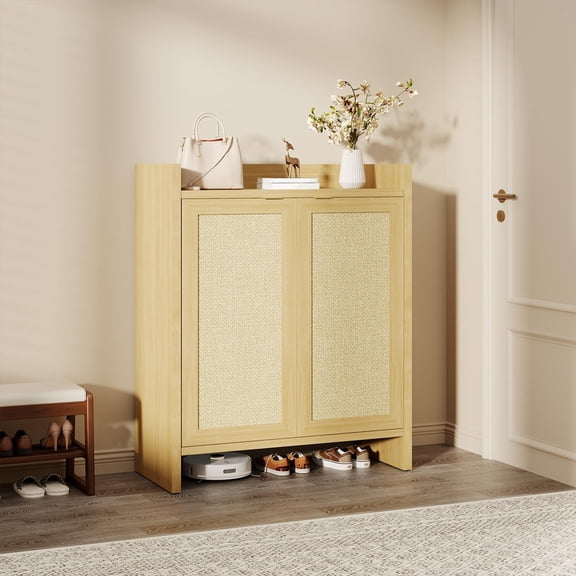 TROPOW Rattan Shoe Storage Cabinet with Ventilated Rattan Doors & Wood Grain Warmth, Adjustable Shelves for Flexible Storage, for Entryway Hallway Kitchen Living Room Bedroom