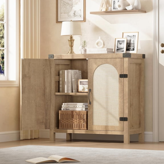 TROPOW Rattan Sideboard Buffet Cabinets with Storage, Farmhouse Kitchen Accent Storage Cabinet, Boho Wooden Coffee Bar Cabinet for Dining Room, Living Room, Hallway