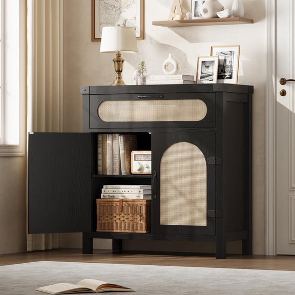TROPOW Rattan Sideboard Buffet Cabinets with Storage, Farmhouse Kitchen Accent Storage Cabinet with Drawer, Boho Wooden Coffee Bar Cabinet for Dining Room, Living Room, Hallway