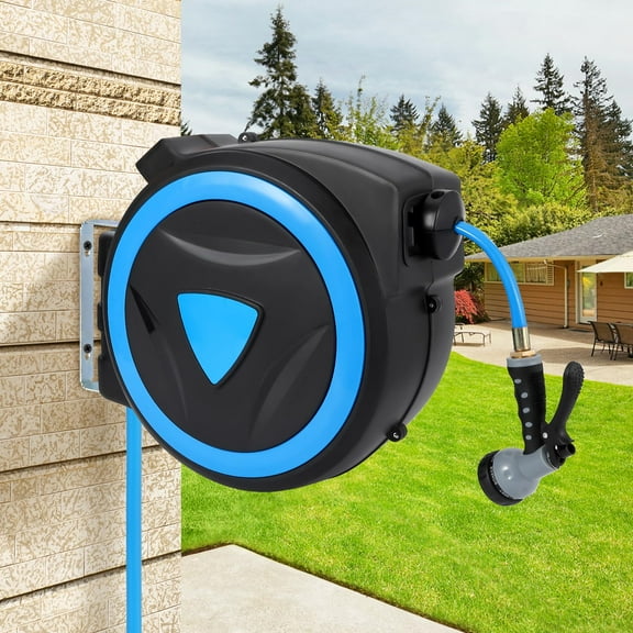 TROPOW Retractable Garden Hose Reel, 100ft 1/2 Heavy Duty Water Hose Reels for Outside, 9-Function Sprayer Nozzle, Slow Return System, for Courtyard, Gardens