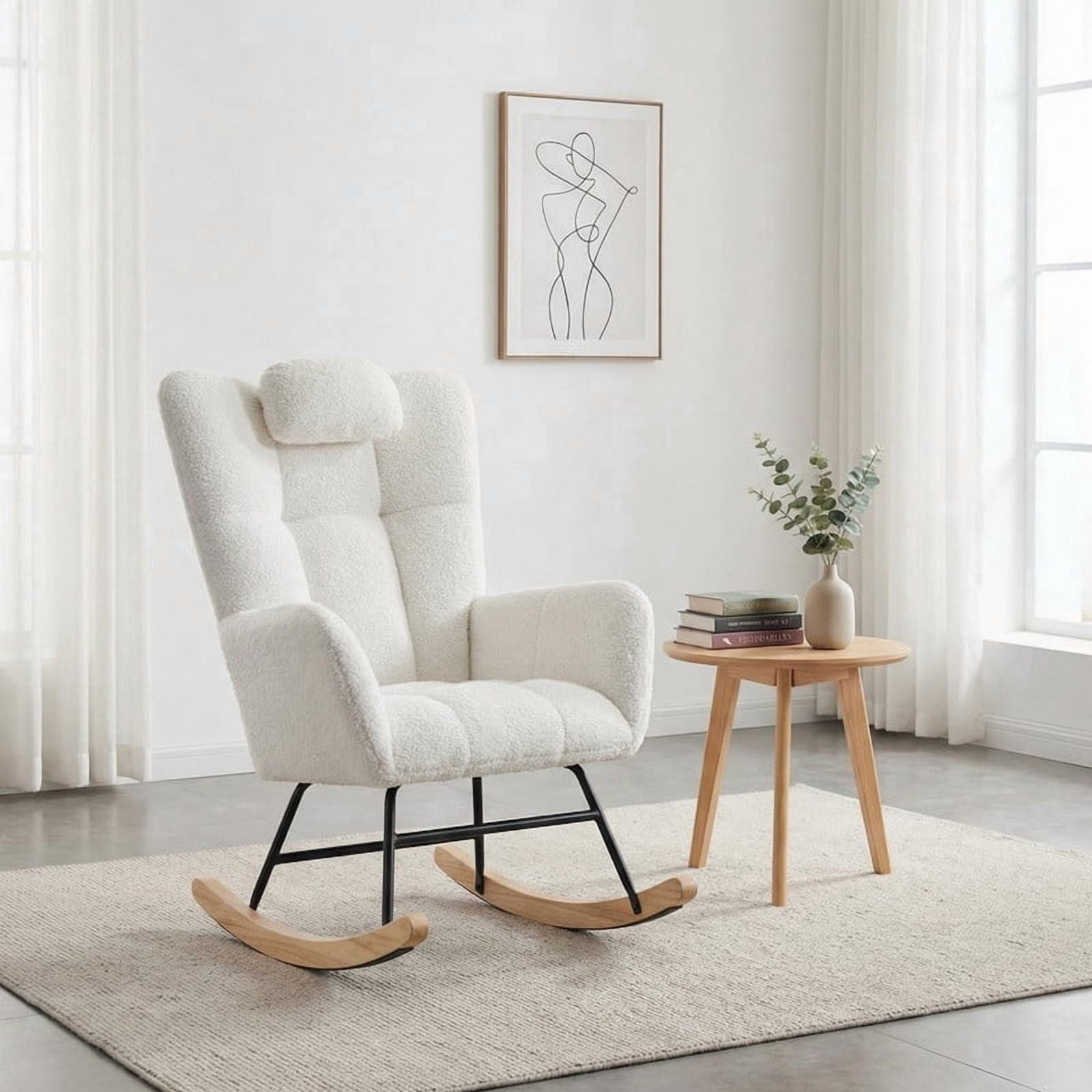 TROPOW Rocking Chair, Teddy Upholstered Glider Rocker, Nursery Glider Rocker with Wood Legs & Dual Side Pockets, Nursery Rocking Chair for Living Room, Bedroom