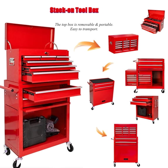 TROPOW Rolling Tool Chest, 8 Drawers Rolling Tool Chest with Wheels, Portable Rolling Tool Box on Wheels, High Capacity Tool Chest Organizer for Garage, Workshop, Home Crafts Use,Red