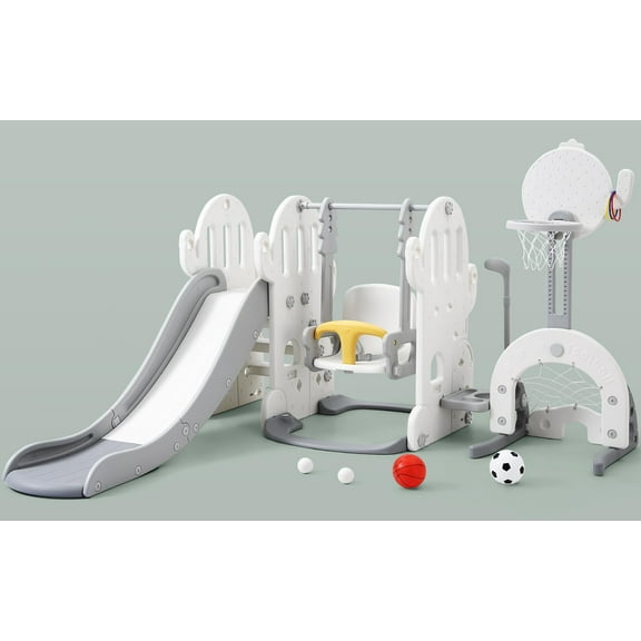 TROPOW Ronipic 7 In 1Toddler Slide and Swing Set, Indoor and Outdoor Kid Slide for Toddlers Age 1-3, Large Playground With Slide, Basketball, Soccer, Golf, Ring Toss, Climbing, Swing,Gray