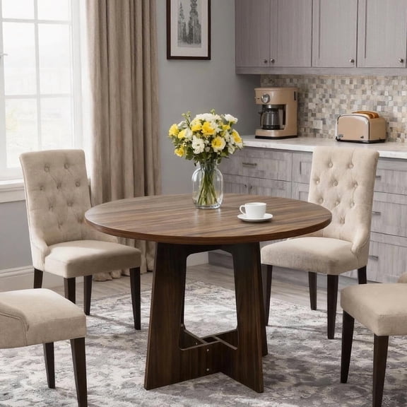 TROPOW Round Dining Table for 4, 43.3'' Farmhouse Kitchen Table, Wooden Circle Dinner Tables with Pedestal Base for Dining Room, Kitchen, Living Room, Space Saving, Easy Assembly