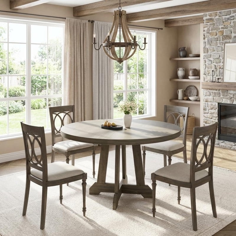 TROPOW Round Dining Table, 47 Inch Dining Table for 4-6, Farmhouse Kitchen Table with Wood Pedestal Cross Base, Thick 1.2'' Tabletop 300LB, Adjustable Feet