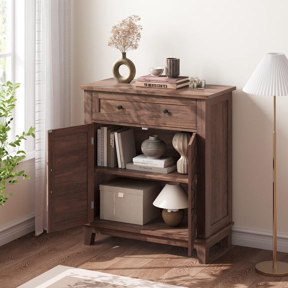 TROPOW Rustic 3-Tier Sideboard with Slatted Doors,Spacious Drawer & Water-Resistant Design,Ideal for Kitchen,Dining Room and Entryway,Multifunctional Home Storage