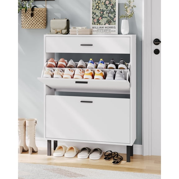 TROPOW Shoe Storage Cabinet with 2 Flip Drawers, Freestanding Shoe Organizer Storage for Entryway with 2 Side Hooks, Farmhouse Hidden Slim Narrow Shoe Rack Cabinet