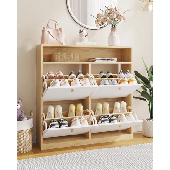 TROPOW Shoe Storage Cabinet with 4 Flip Drawers, Freestanding Shoe Organizer Storage for Entryway with 2 Side Hooks, Farmhouse Hidden Slim Narrow Shoe Rack Cabinet