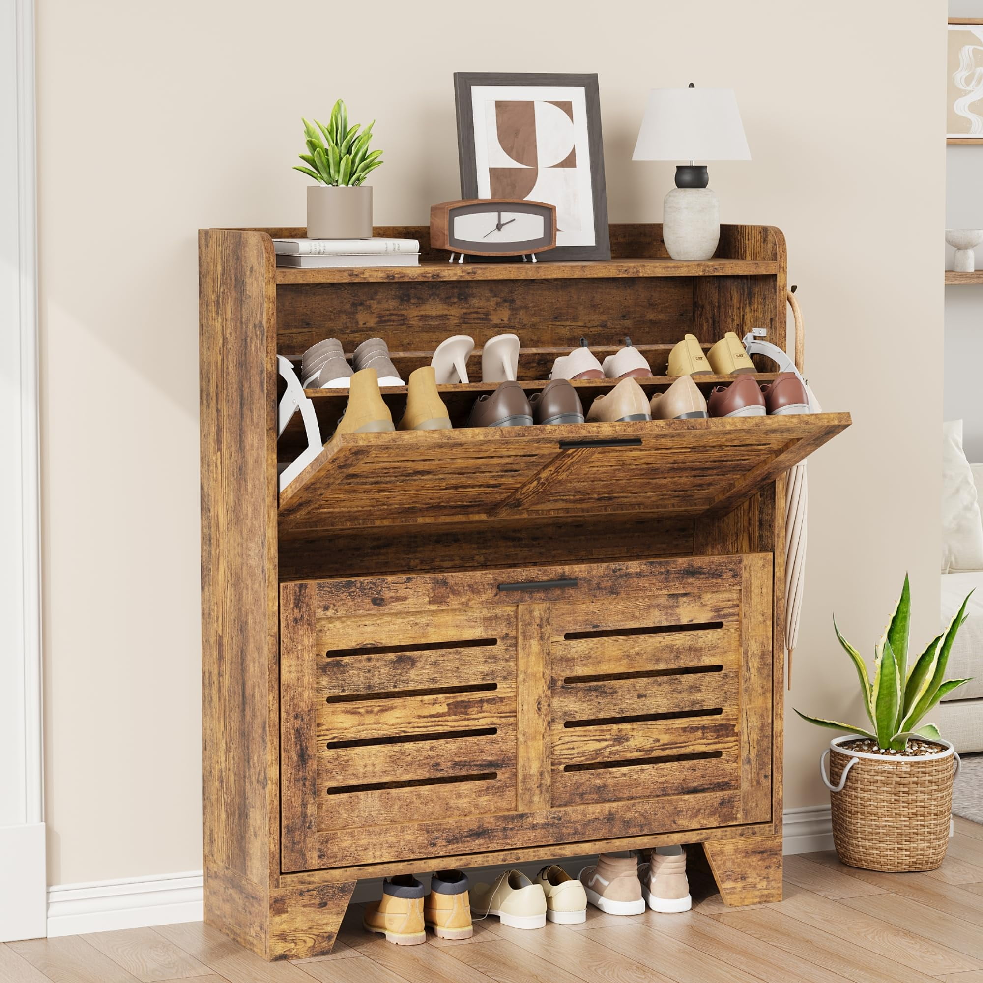 Rustic Brown MDF Wood Freestanding Shoe Cabinet with Flip Drawers