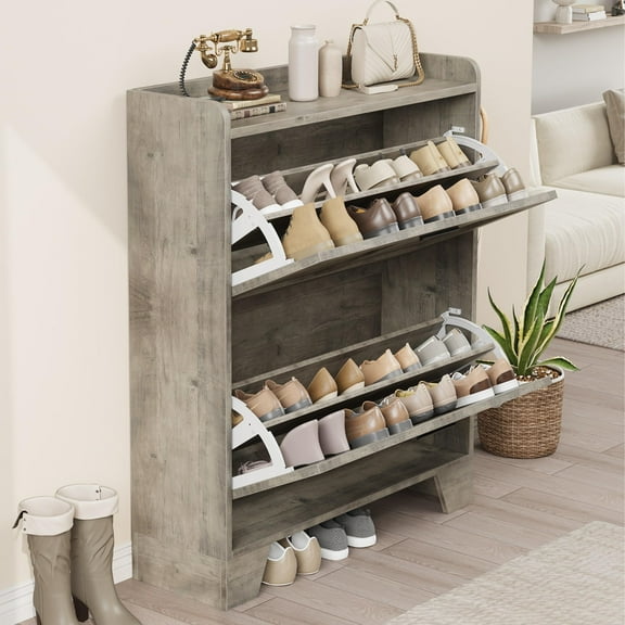TROPOW Shoe Storage Cabinet,Narrow Shoe Cabinet with 2 Flip Drawers, Freestanding Hidden Slim Shoe Organizer Cabinet with Hooks for Foyer, Hallway, Garage, Gray