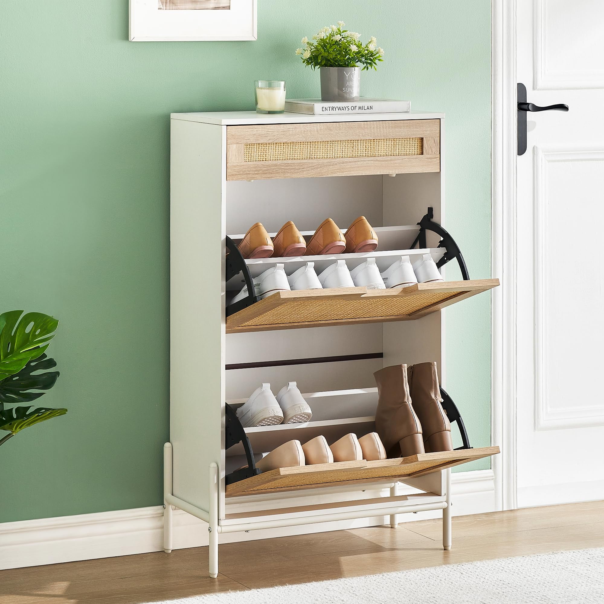 White Wood and Rattan 2-Door Shoe Cabinet with Adjustable Shelves