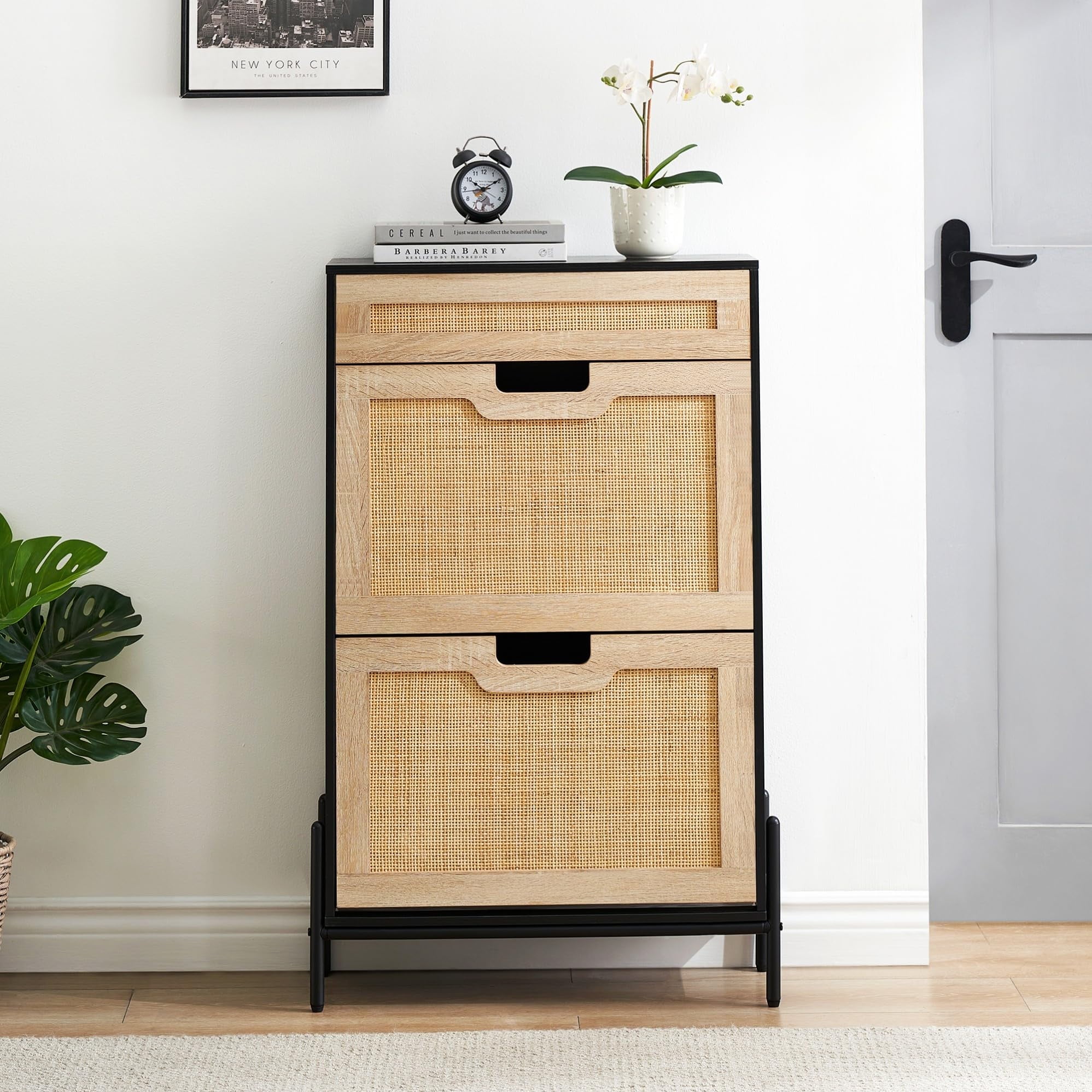 Natural Rattan and Black Wood 3-Tier Shoe Storage Cabinet