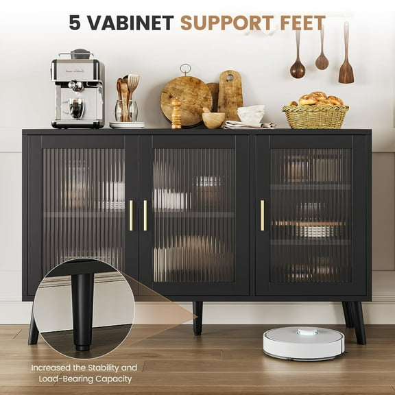 TROPOW Sideboard Buffet Cabinet, 48" Black Buffet Cabinetwith Ribbed Glass Doors, Modern Black Dining Room Sideboard for Kitchen and Dining Room