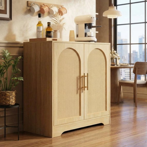 TROPOW Sideboard Buffet Cabinet - Credenza Storage with 2 Rattan Doors and Shelves, Modern Console Table Accent Coffee Bar Cabinet for Living Room, Kitchen, Hallway, Dining Room, Entryway
