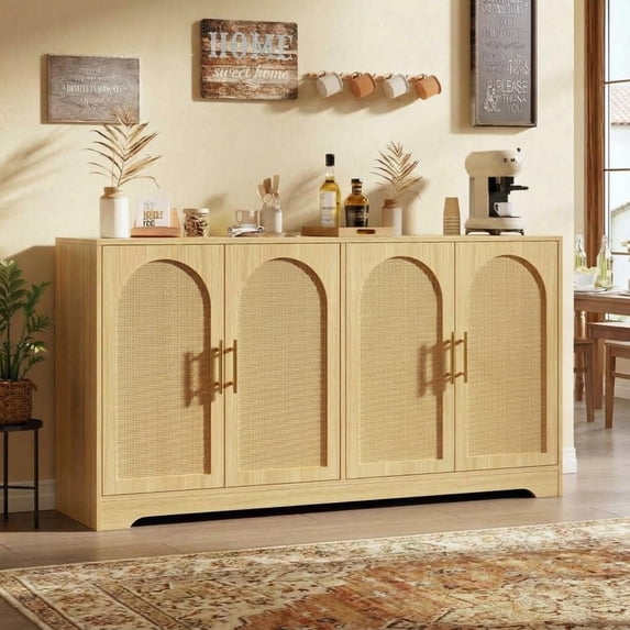 TROPOW Sideboard Buffet Cabinet - Credenza Storage with 4 Rattan Doors and Shelves, Modern Console Table Accent Coffee Bar Cabinet for Living Room, Kitchen, Hallway, Dining Room, Entryway