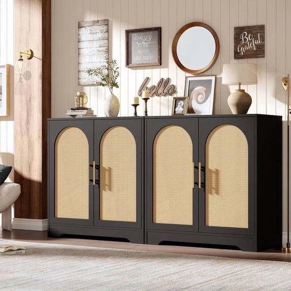 TROPOW Sideboard Buffet Cabinet - Credenza Storage with 4 Rattan Doors and Shelves, Modern Console Table Accent Coffee Bar Cabinet for Living Room, Kitchen, Hallway, Dining Room, Entryway