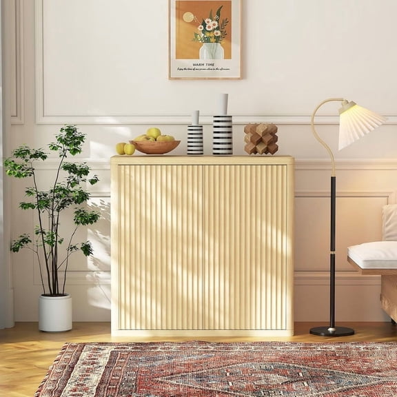 TROPOW Sideboard Buffet Cabinet with Storage, 2-Door Modern Fluted Credenza, Natural Oak Accent Cabinet for Living Room, Kitchen, Dining Room, or Entryway