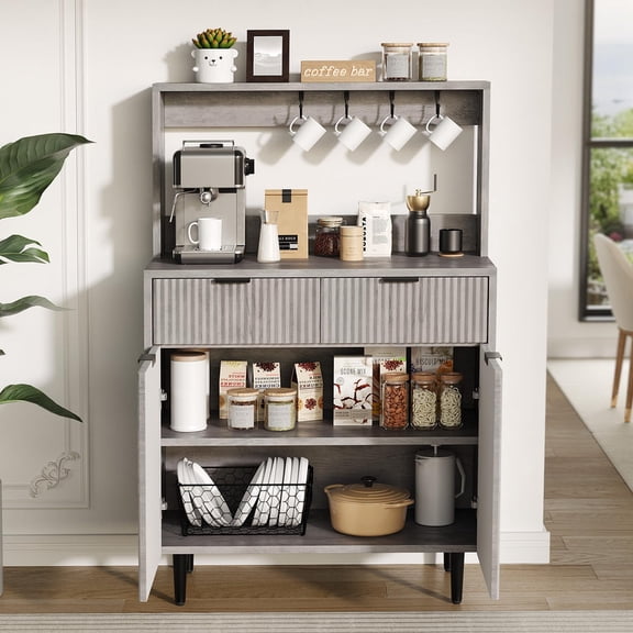 TROPOW Sideboard Buffet Cabinet with Storage, Coffee Bar with Adjustable Shelves & 2 Drawers, Modern Wood Buffet Console Table for Dining Room, Living Room, Kitchen, Entryway