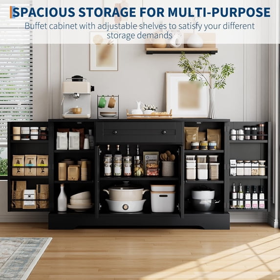 TROPOW Sideboard Buffet Cabinet with Storage, Modern Wooden Credenza Storage Cabinet with Drawer and 4 Doors, Freestanding Coffee Bar for Living Room, Kitchen, Dining Room