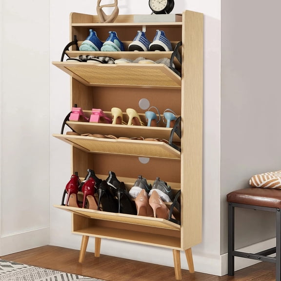 TROPOW Slim Entryway Shoe Cabinet with 2 Flip Drawers, Rattan Accent Shoe Storage Organizer for Hallway Foyer or Small Apartment, Anti-Tip Design, MDF Frame, Holds 12-15 Pairs of Shoes